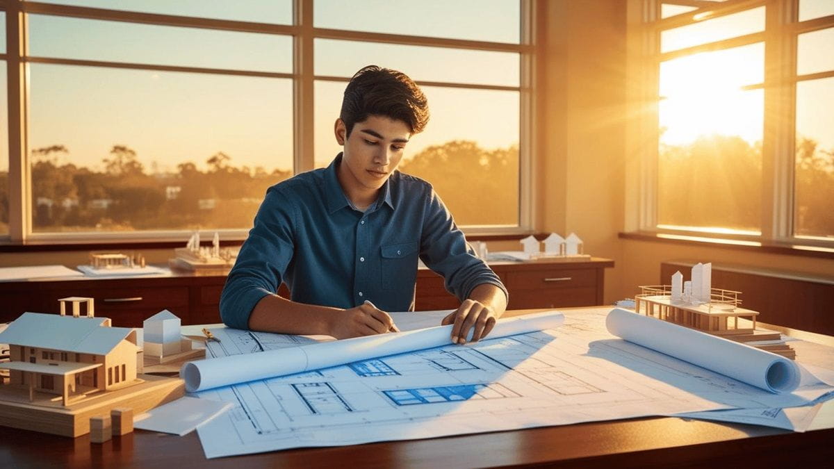 architecture student studying blueprints