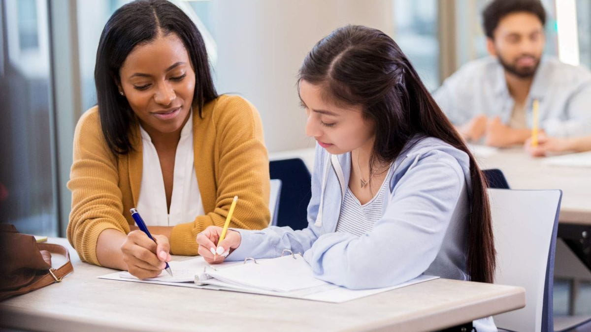 teenager working with adult tutor or advisor